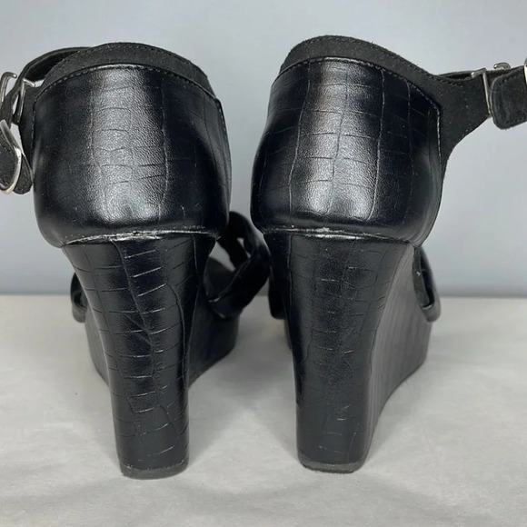 DAWGS Crossover Platform Wedges Black Crocodile Effect Open Toe Summer Size 10 - Picture 6 of 11